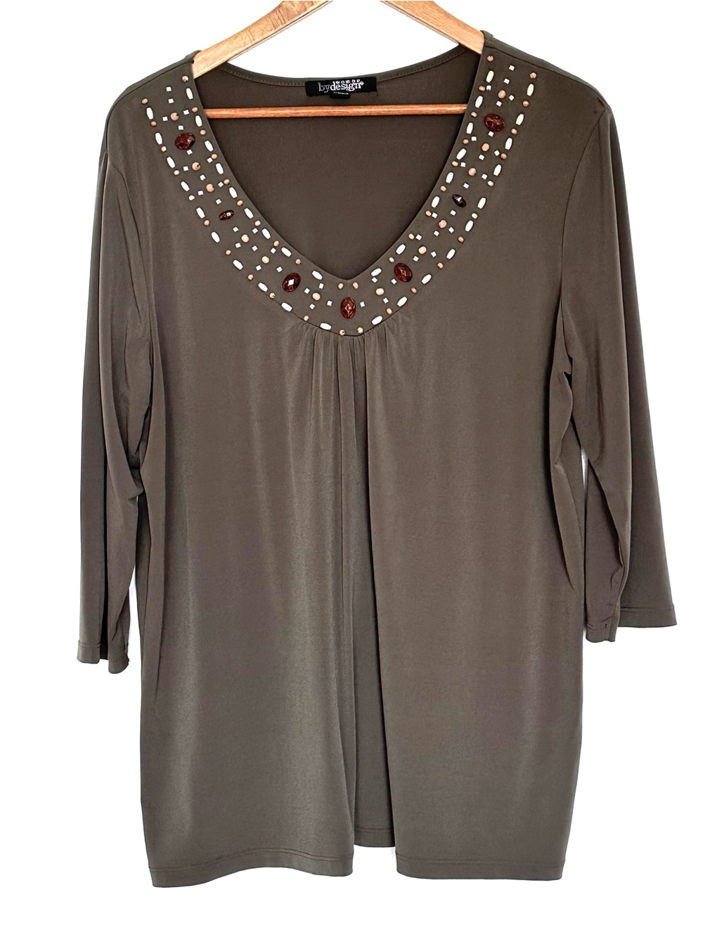 By Design Plus Shirt Women’s 1X Green Beaded 3/4 Sleeve Pullover Blouse Top